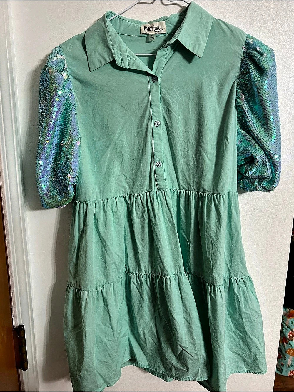 Peach Love California Sequin Sleeve Mini Dress in Green Size Small